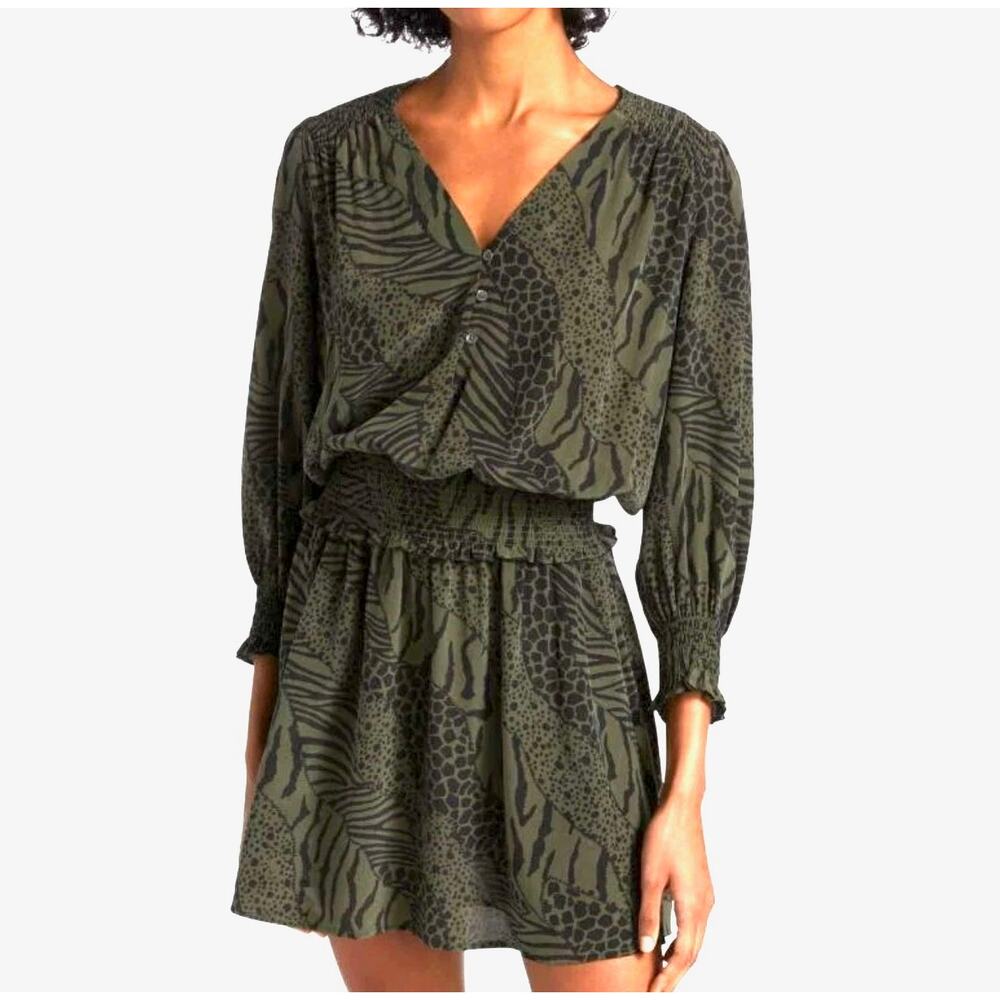 Rails Zana Dress Olive Mixed Animal Stripe Smocked Mini - Medium - Excellent